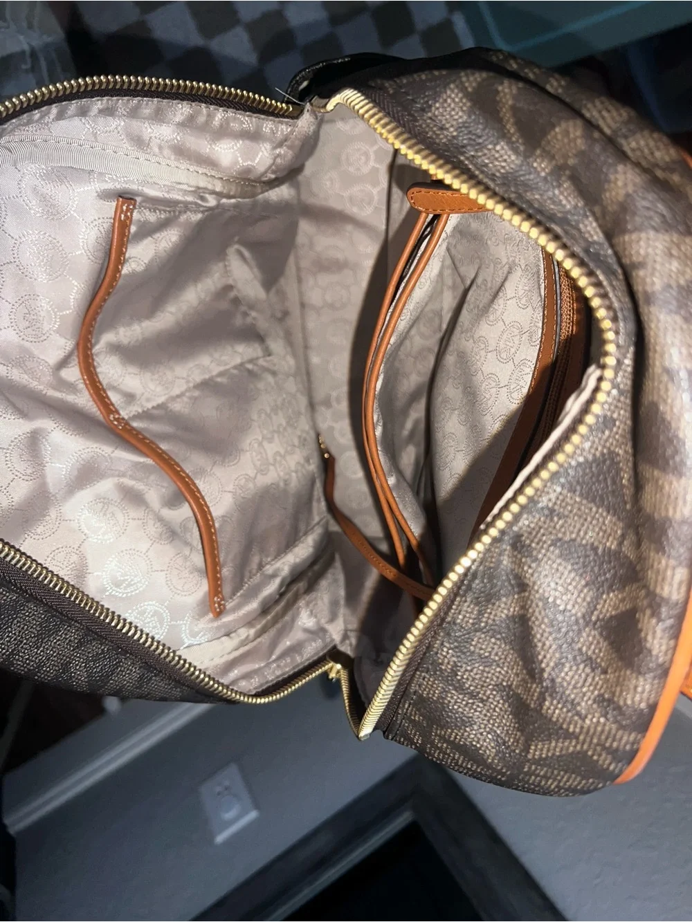 Michael Kors Brown MK Monogram Backpack with Tan Trim
